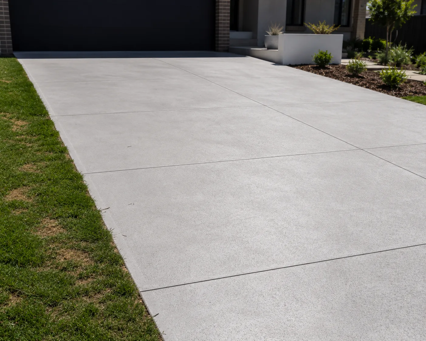 Smooth plain concrete driveway beside a lawn
