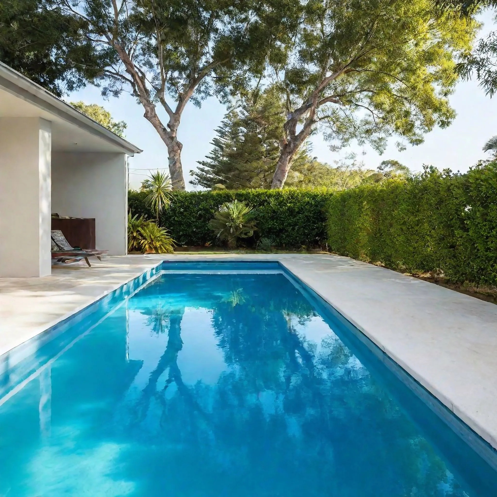 Smooth concrete pool surround beside an in-ground pool