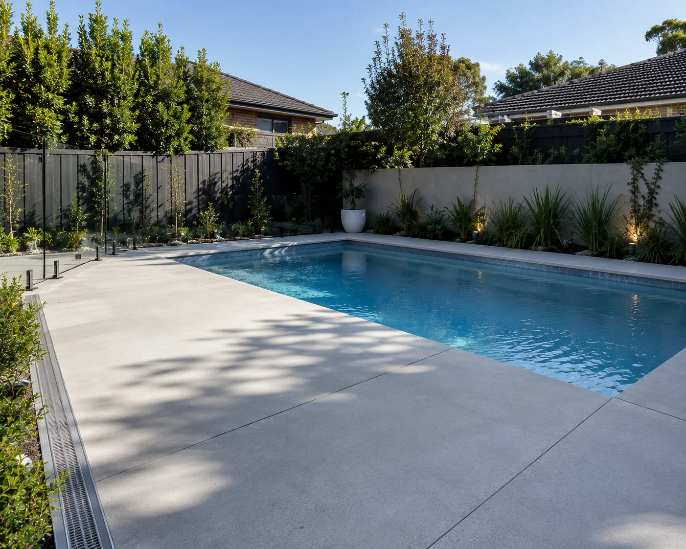 Concrete pool surround with garden beds