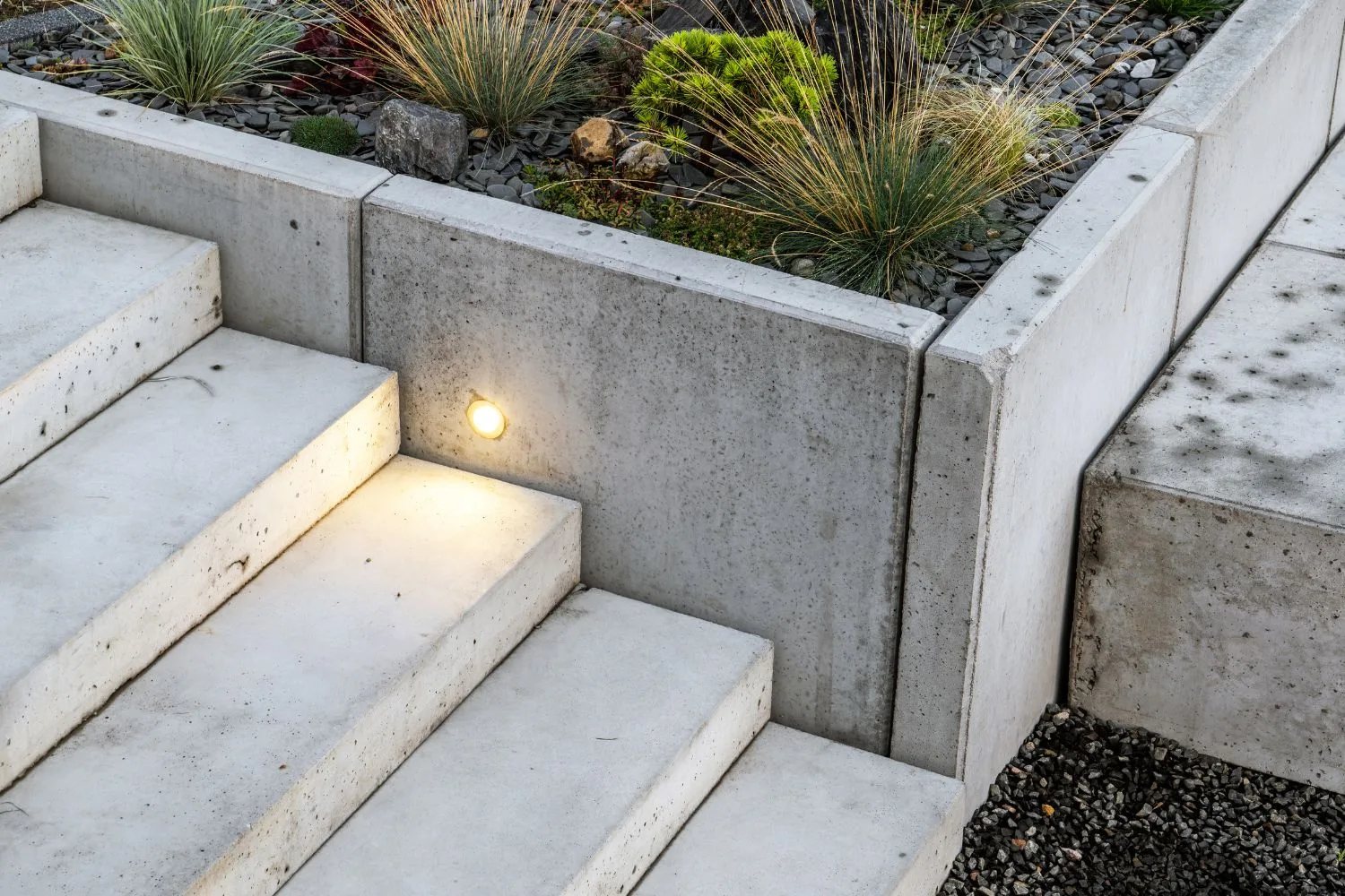 Concrete garden steps with built-in step lighting