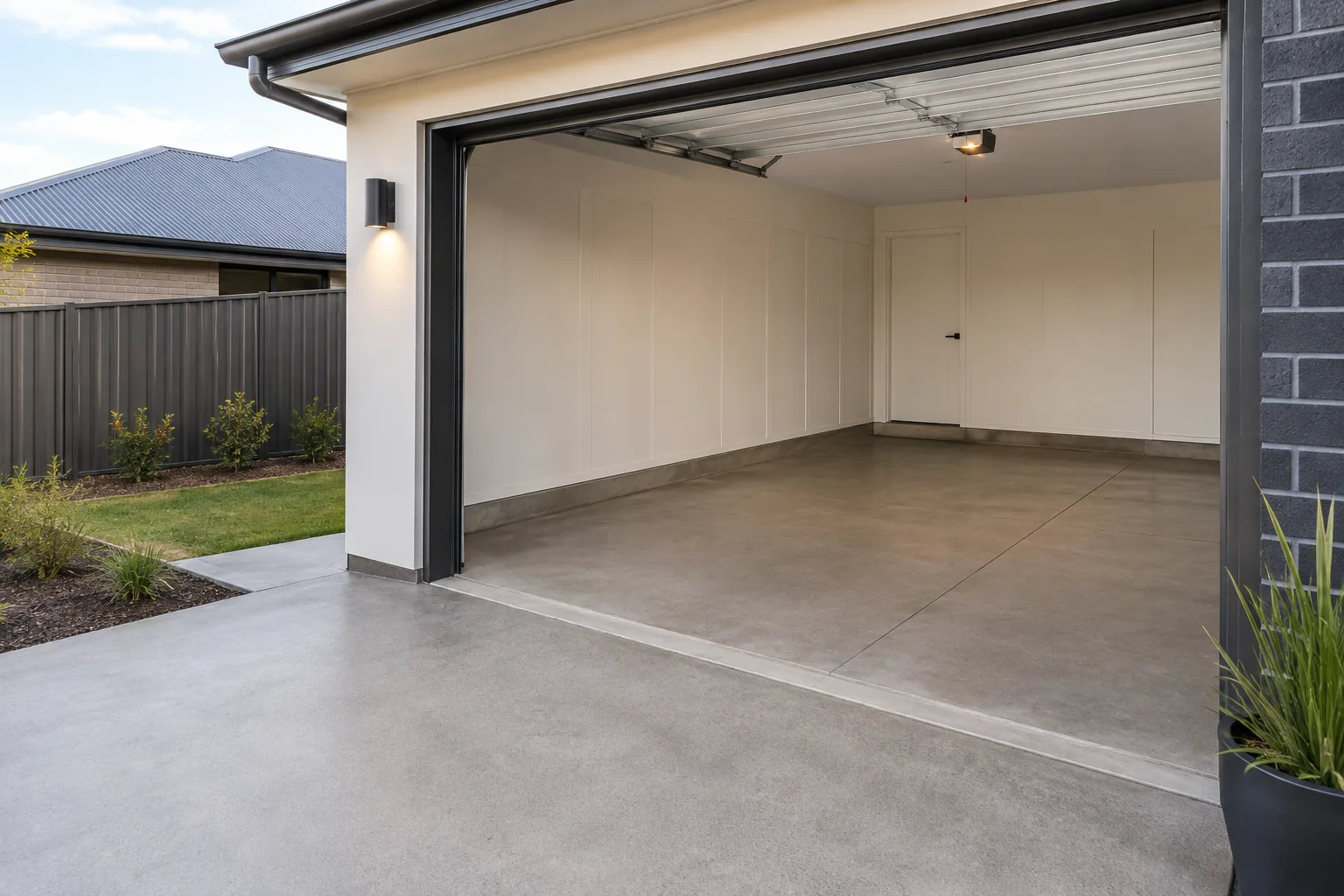 Concrete garage slab inside an open double garage